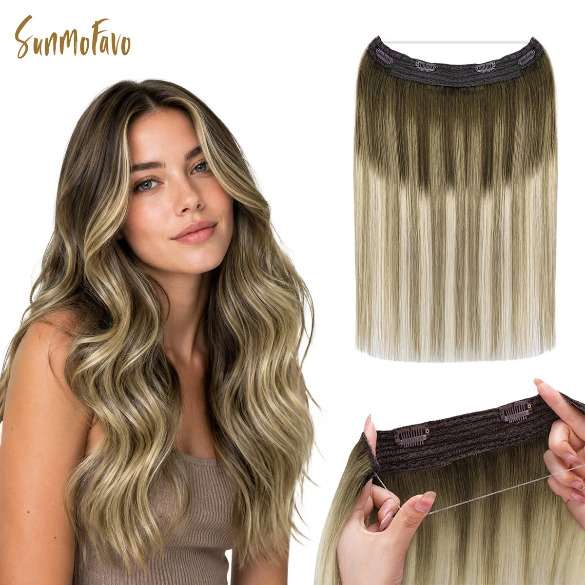 Sunmofavo 100% Real Remy Human Hair Halo Wire Hair Extensions,Free To Restyle, Full Hair Density, 2‑6‑2 Balayage Dark Brown Mixed Chestnut Brown 20 Inch, Invisible Fish‑Line With Adjustable Size, All‑Day Secure Fit,Fa