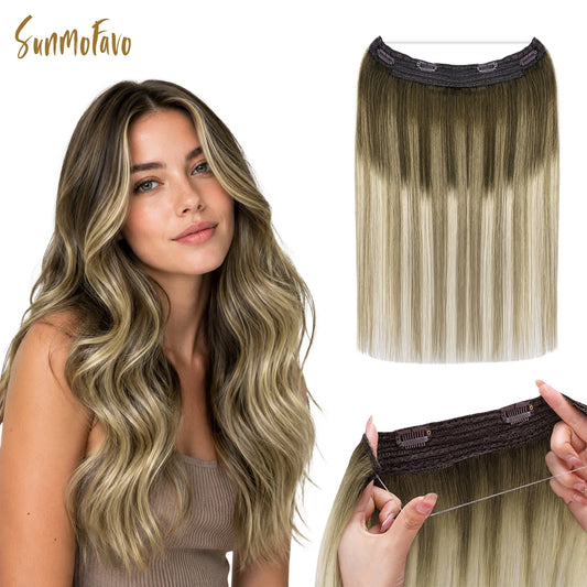 Sunmofavo Wire In Hair Extensions, 100% Real Human Hair, 3‑8‑613 Walnut Brown Bleach Blonde Ombre, Adjustable Invisible Fish Line Hairpiece, Seamless Natural Blend, Lightweight Damage‑Free Wear, Quick Install For Daily