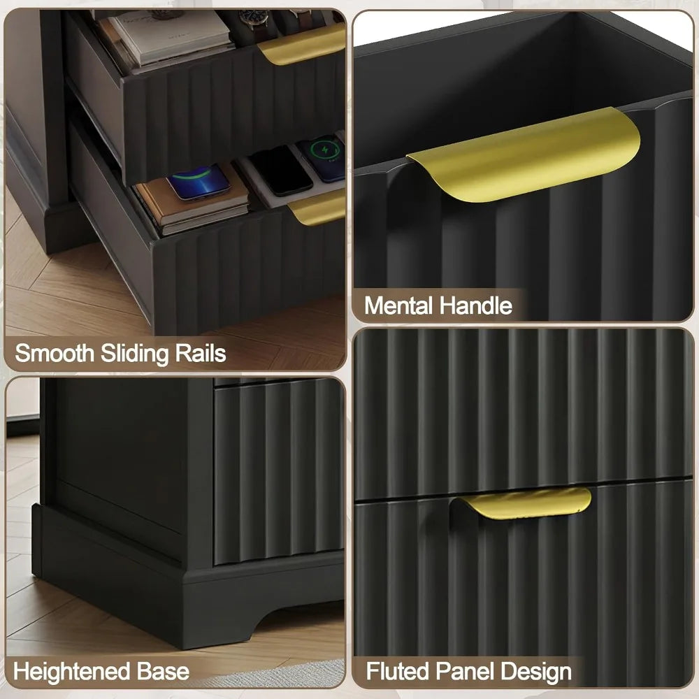 Modern Fluted Nightstands Set Of 2 With 3 Drawers Storage