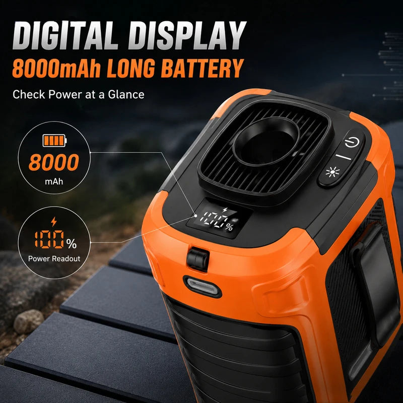Portable Waist Fan with 8000mAh Rechargeable Battery LED Light Brushless Motor 5 Speed Levels Lasts 5-8 Hours for Outdoor Use