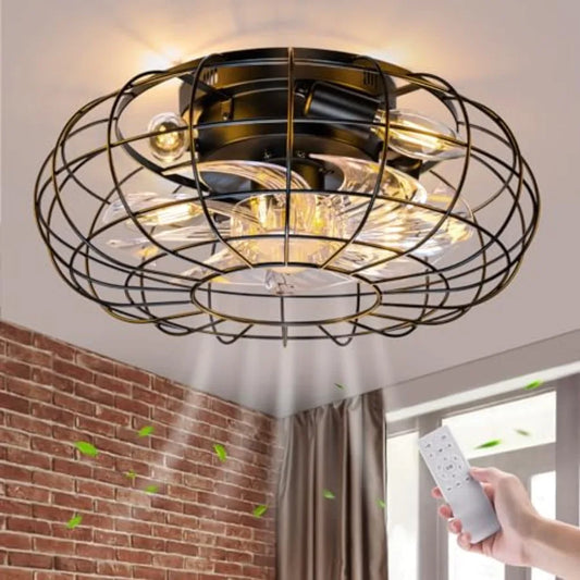 Ceilg Fan with Lights, Caged Ceiling Fan Lights Remote Control Small Industrial Ceiling Fan Light Fixture Flush Mount Farmhouse