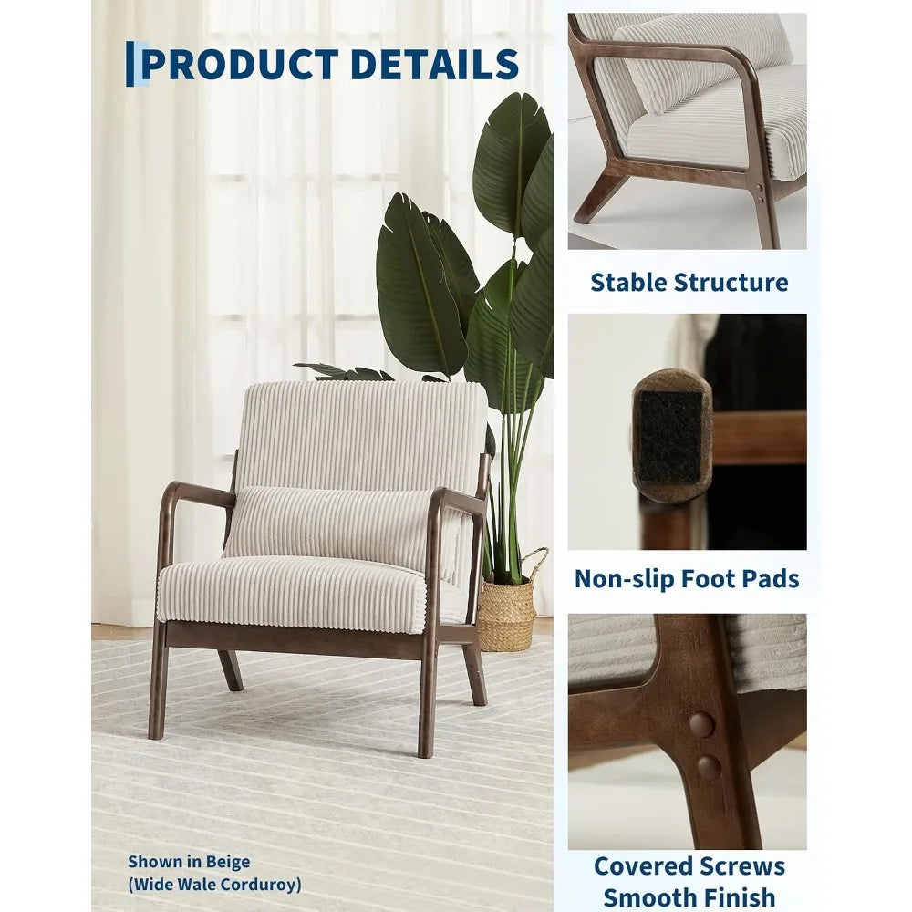 Mid-Century Chenille Accent Chair: Cozy Reading, Modern Lounge, Lumbar Pillow, Solid Wood Frame, Beige
