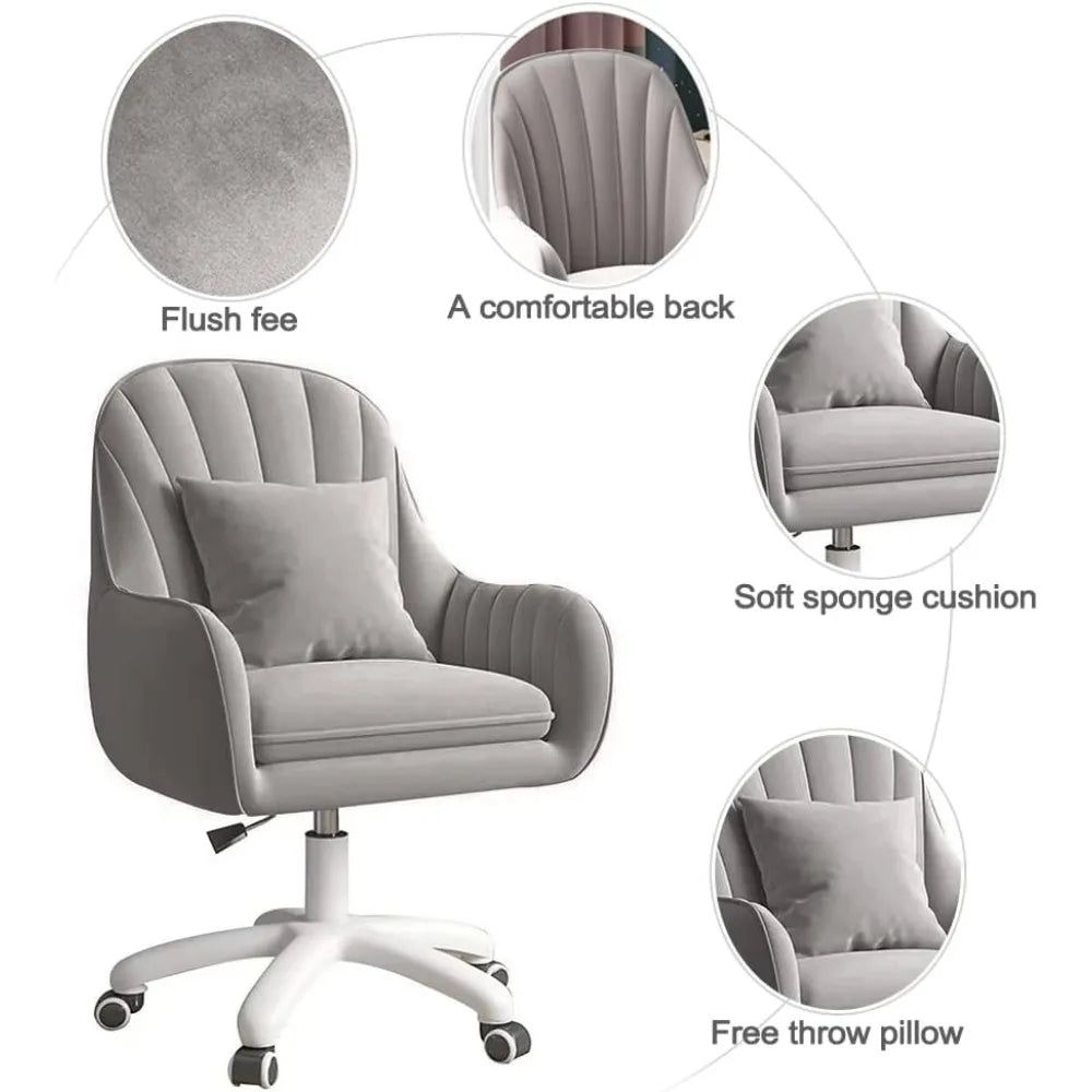 Soft Velvet Vanity Desk Chair with Pillow Swivel Rolling Computer Chair Home Office Accent Task Chair fo Girls Women Living Room
