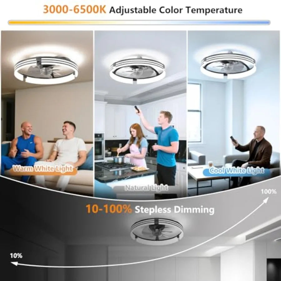 Ceilg Fans with Lights and Remote, 19.7" Low Profile Ceiling Fan, Modern Flush Mount LED Fan Light, 6 Wd Speeds Fandelier Ceilg