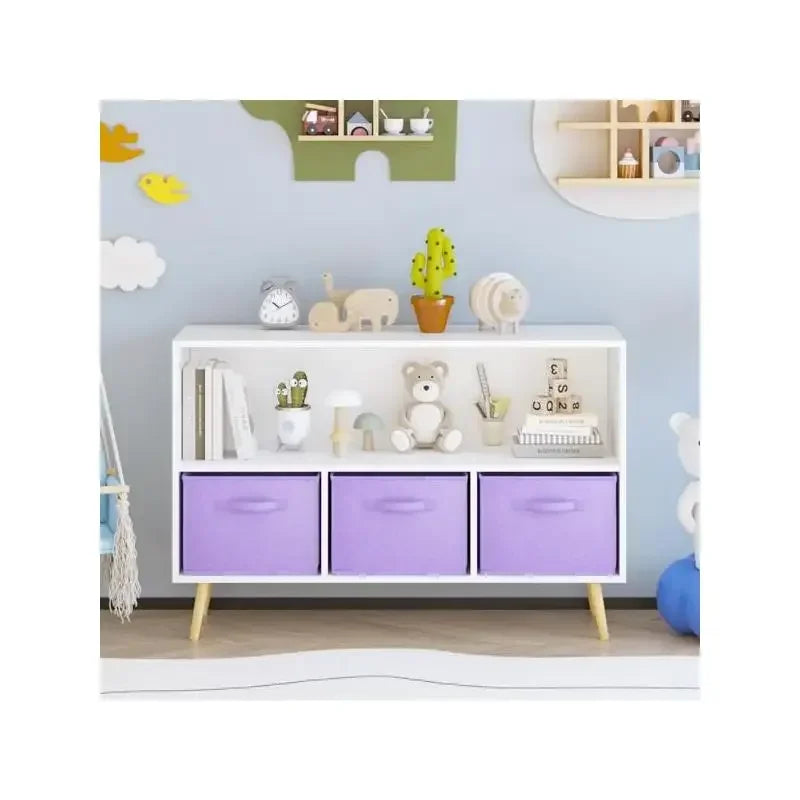 Kids Bookcase with Collapsible Fabric Bins, Children's Book Display & Toy Storage Organizer, White & Purple Design, Perfect for