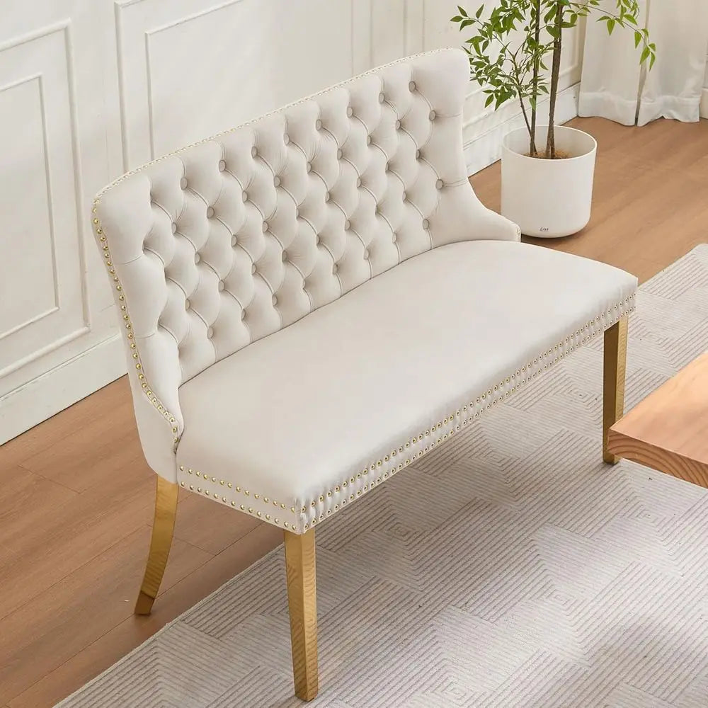 Button-Tufted Upholstered Dining Bench with Backrest for Small Spaces and Kitchen Nook (Beige)