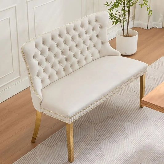 Button-Tufted Upholstered Dining Bench with Backrest for Small Spaces and Kitchen Nook (Beige)