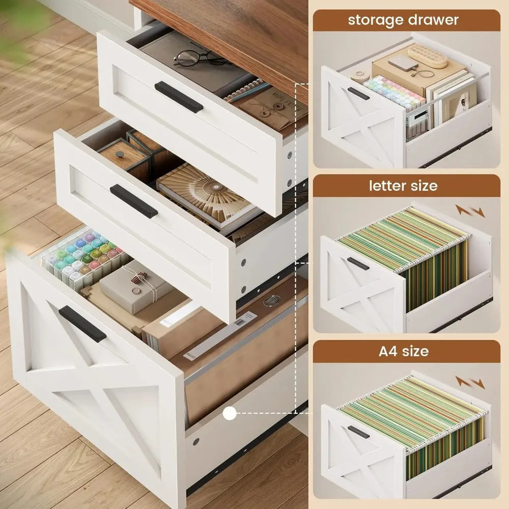 Farmhouse L Shaped Desk With Drawers And Storage Shelves