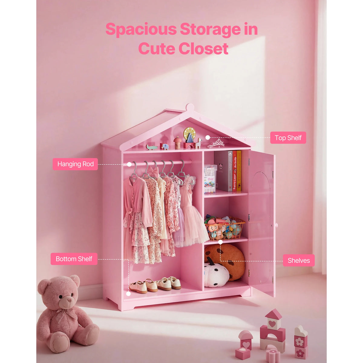 SucceBuy Kids Dress Up Storage with Mirror & Dress Up Closet Kids Armoire Wardrobe Costume Organizer for Girls Toddler Bedroom
