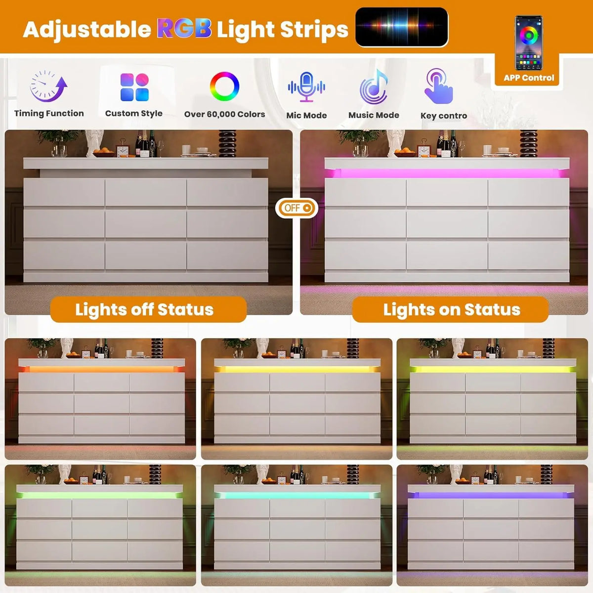 63in 9 Drawer Dresser With LED Lights & Charging Station, Wide Bedroom Chest TV Stand Console For Living Room Entryway Hallway
