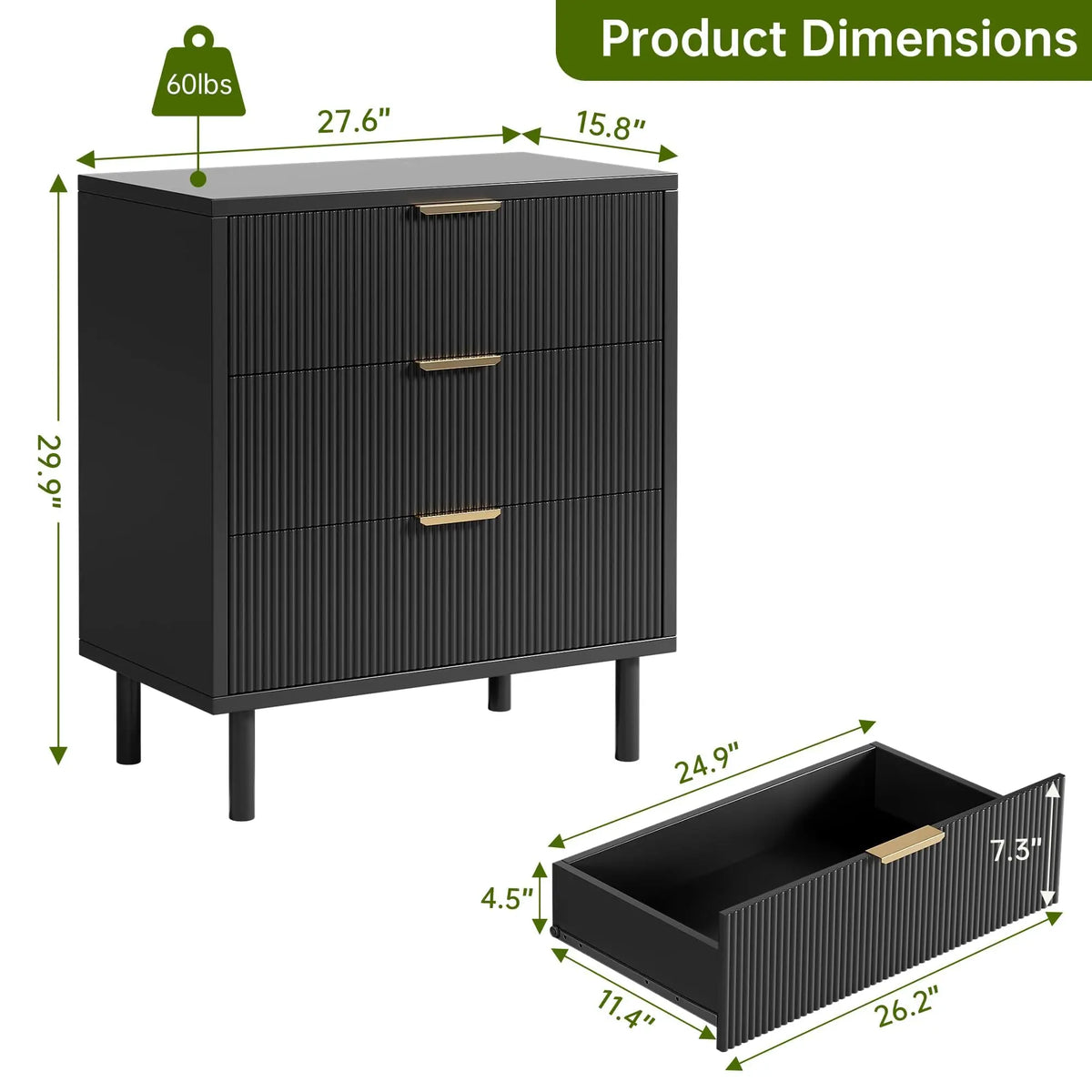 GAOMON Fluted Wooden Chest of Drawers with Metal Legs