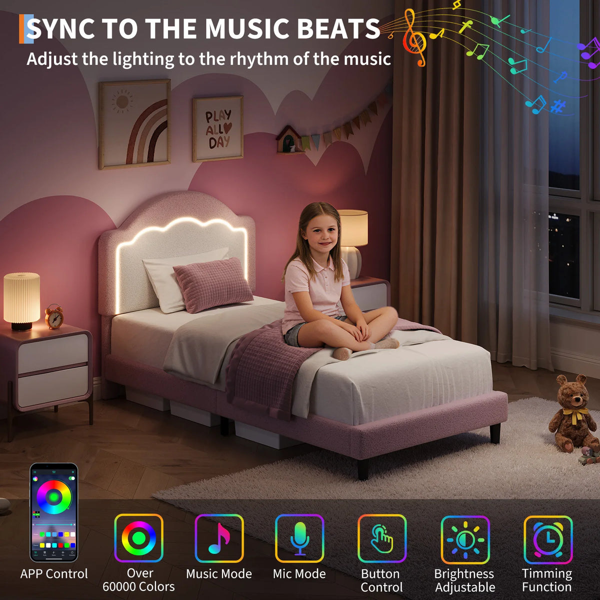 Kids Upholstered Platform Bed With LED Headboard And Wood Slats