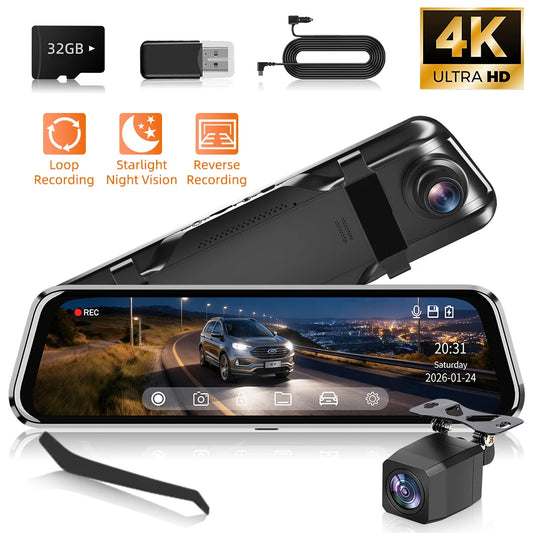 4K UHD Dual Dash Cam Front and Rear - 10" Touch Screen Mirror Camera with Night Vision, G-Sensor | 32GB SD Card Included (Gift)