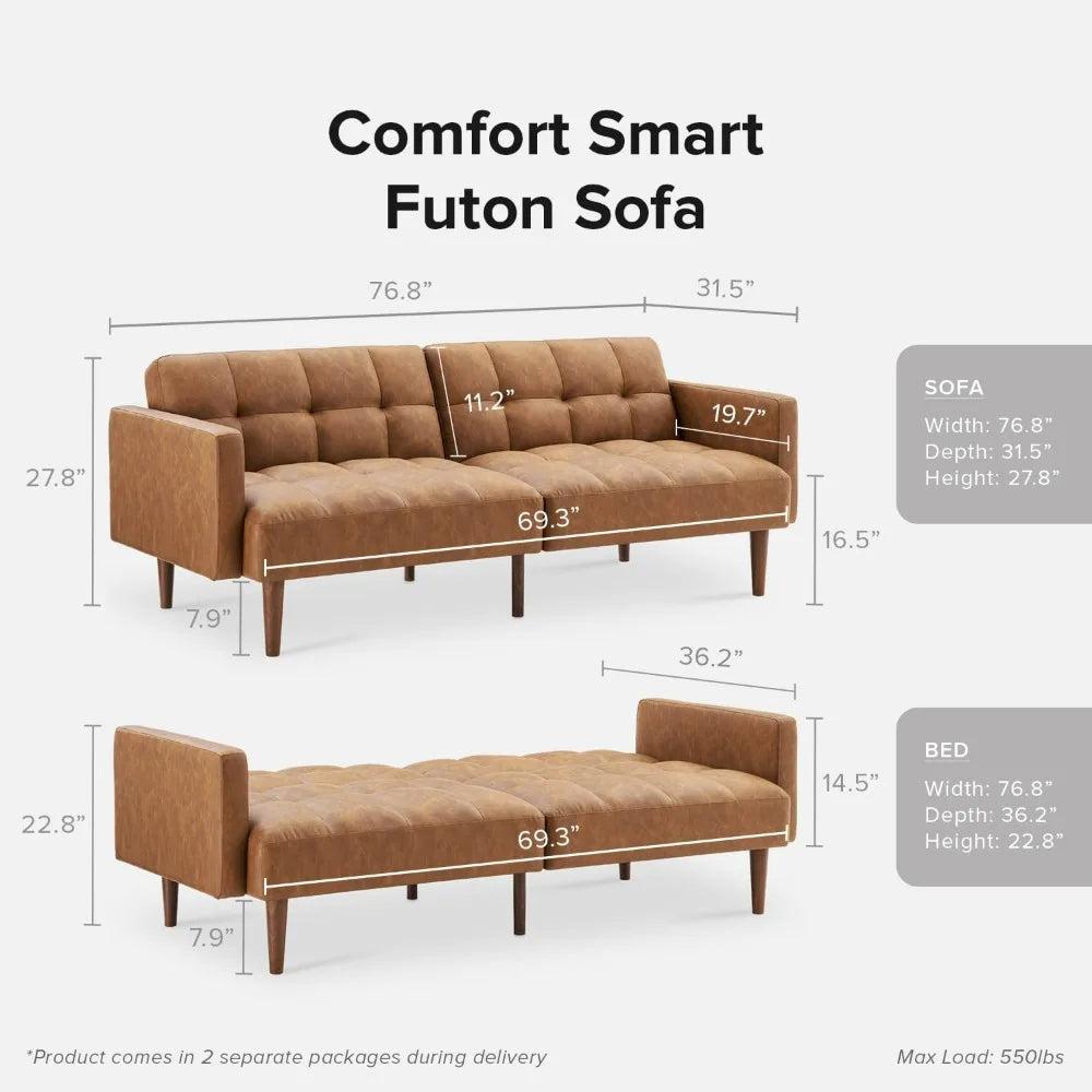 mopio 76.4" Mid Century Futon Sofa Bed PU Leather Loveseat Living Room Pecan Brown