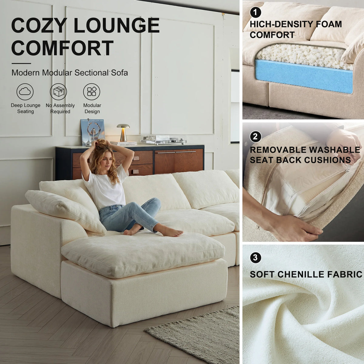 Yeflixvrau Modern U Shaped Cloud Sectional Sofa With Removable Cushions