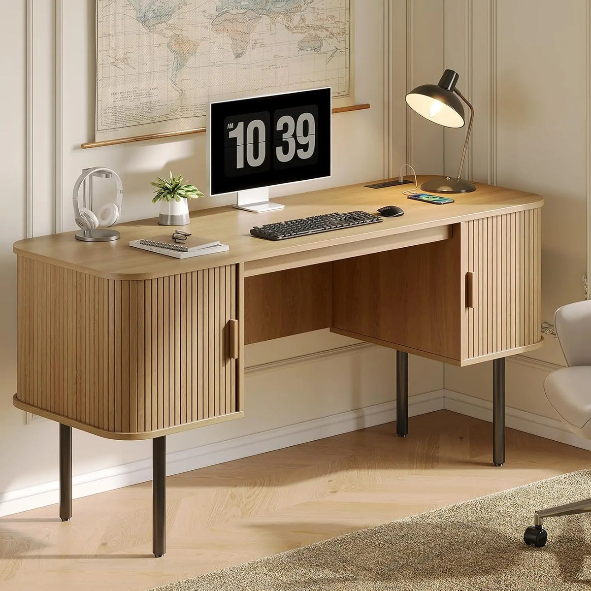ONBRILL Fluted Computer Desk With Storage Cabinets And Power Outlets