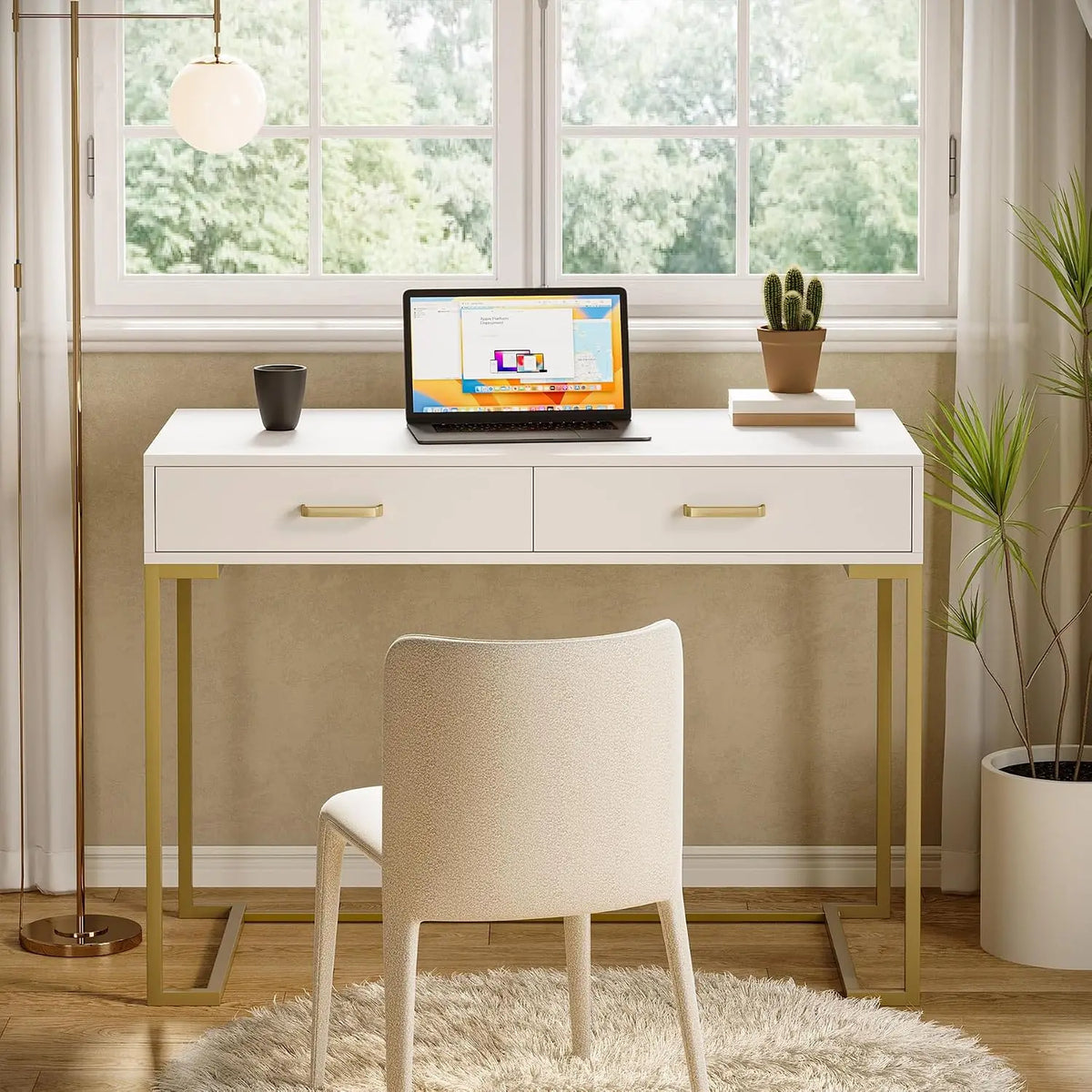 White & Gold Modern Computer Desk with 2 Drawers for Home Office Bedroom Small Space, Customized