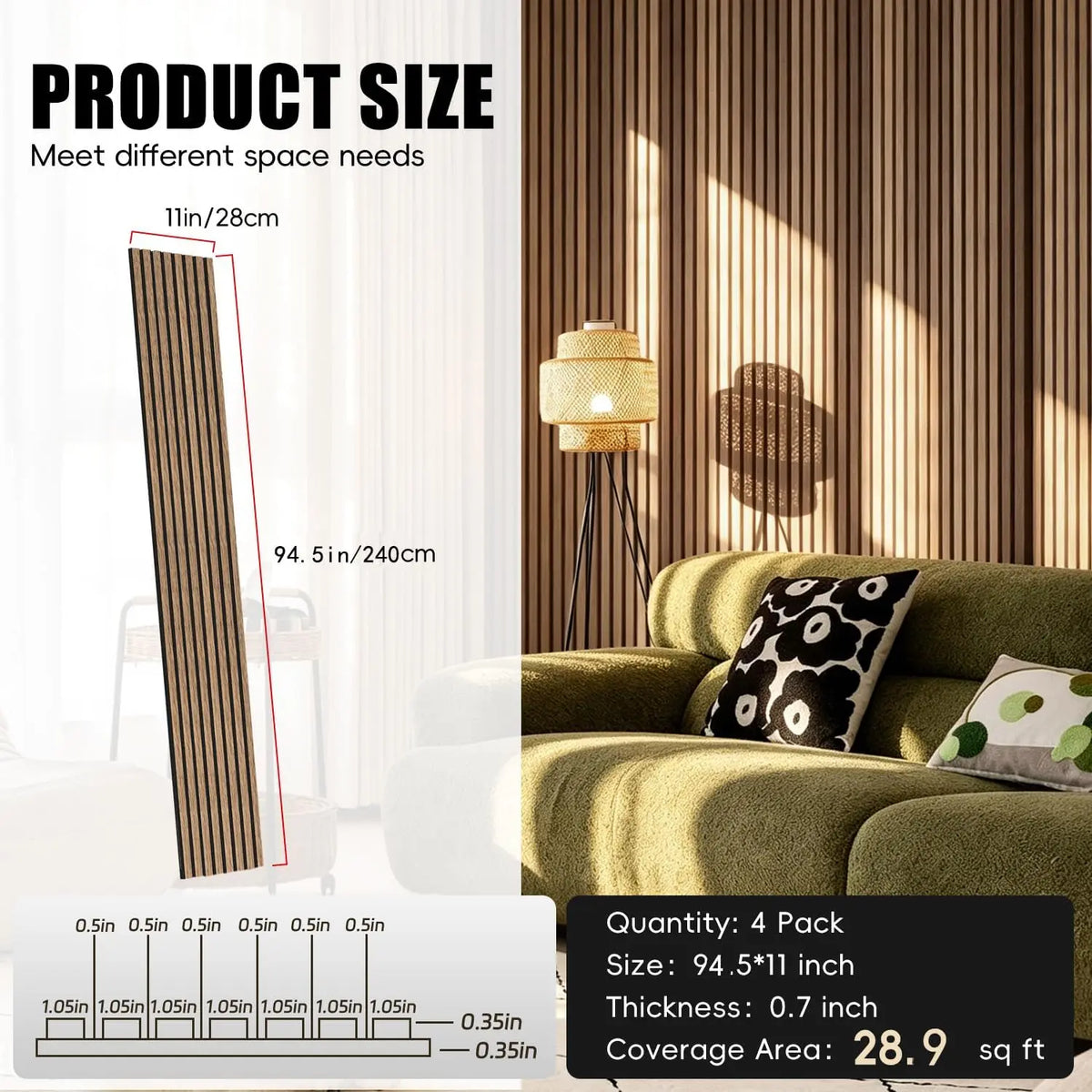 Wood Slat Panels for Wall 2-Piece 94.5" x 11" Acoustic Panels for Interior Wall Decor 3D Fluted Sound Absorbing Panel