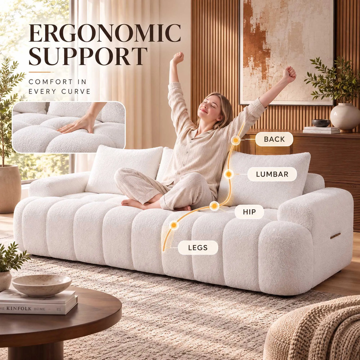Curved Boucle Sofa Three Seat Cloud Couch With Resilient Foam