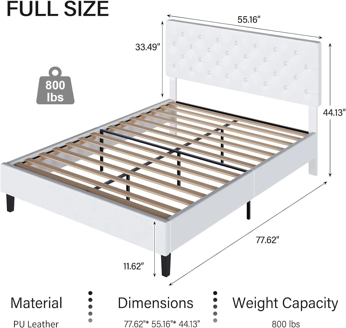 Full Bed Frame with Headboard, Upholstered Platform Bed, White, Wooden Slat Support, No Box Spring Needed