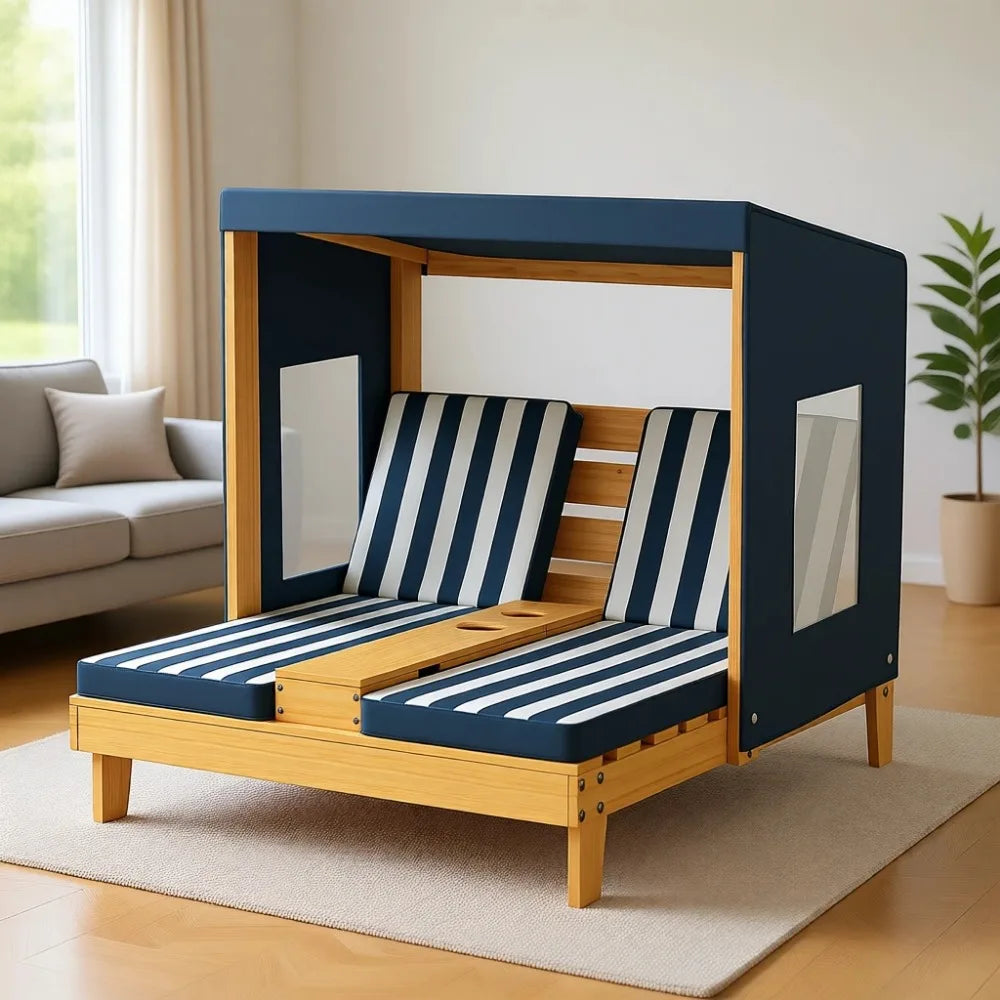 Children's Outdoor Double Pool Lounger Chairs with Canopy and Cushions, Suitable for Patio Backyards
