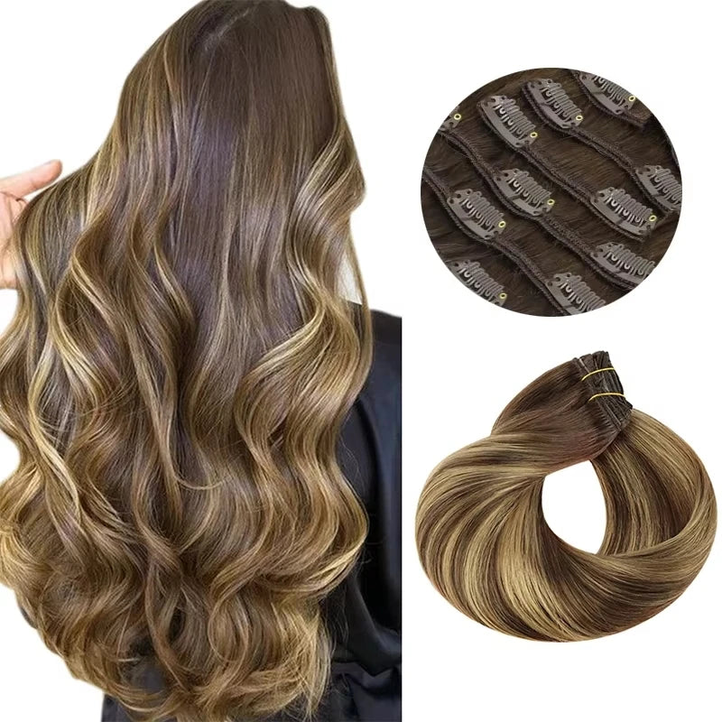 Sunmofavo 100% Remy Clip In Human Hair Extensions Straight Walnut Brown Bleach Blonde Ombre Invisible Hairpieces For Teen Girl Thin Fine Hair 7Pcs 120G Soft Lightweight Heat Stylable Secure Clips For Daily Date Party Instant
