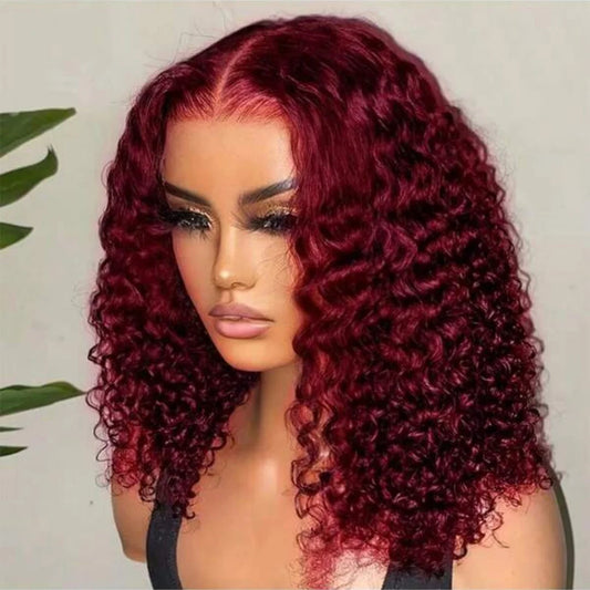 250% Density 32 Inch Pre Plucked Curly Burgundy Lace Front Wig 13x4 Deep Wave HD Transparent Lace Wig Colored Hair Wig For Women