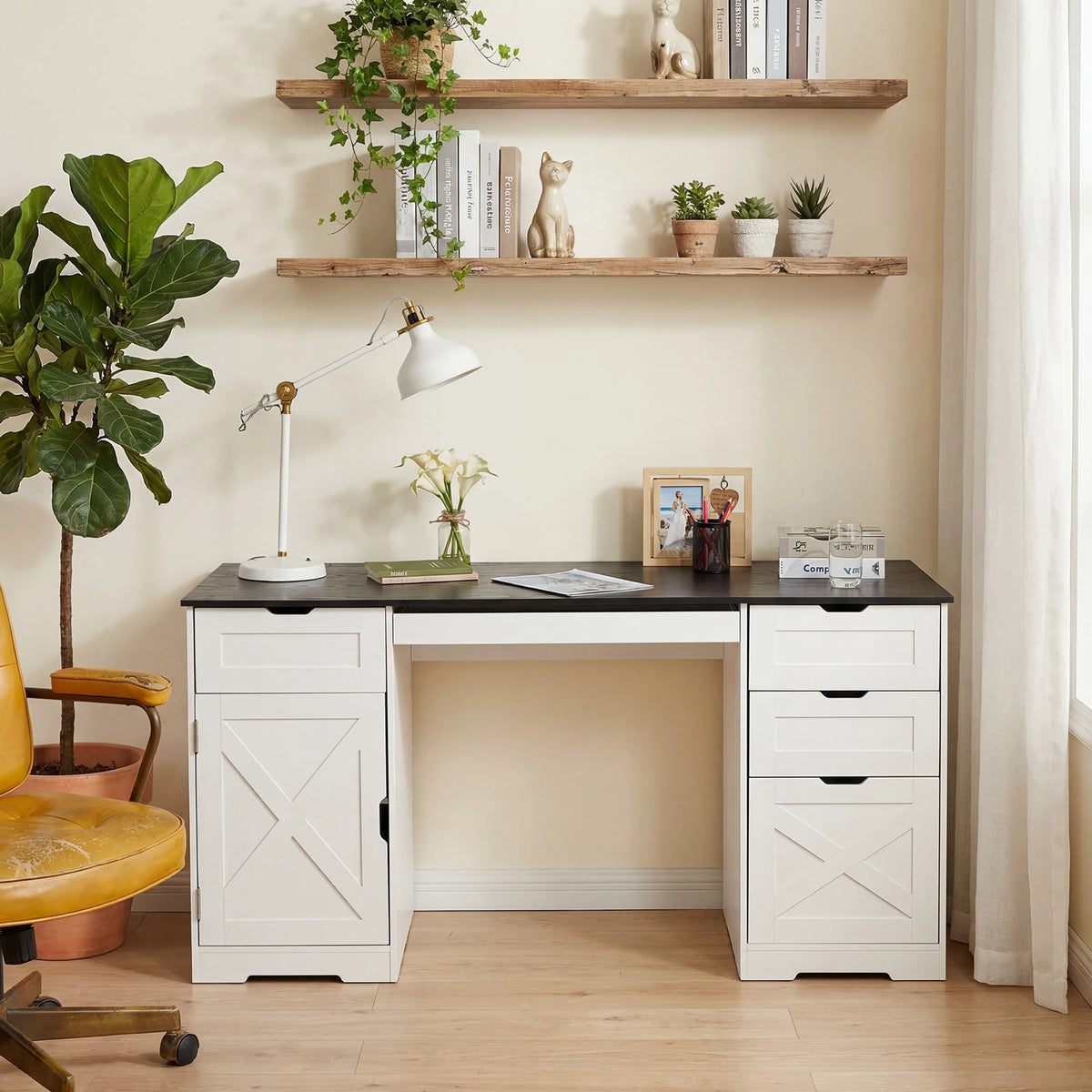 Farmhouse Executive Office Desk With Charging Station And Storage Drawers