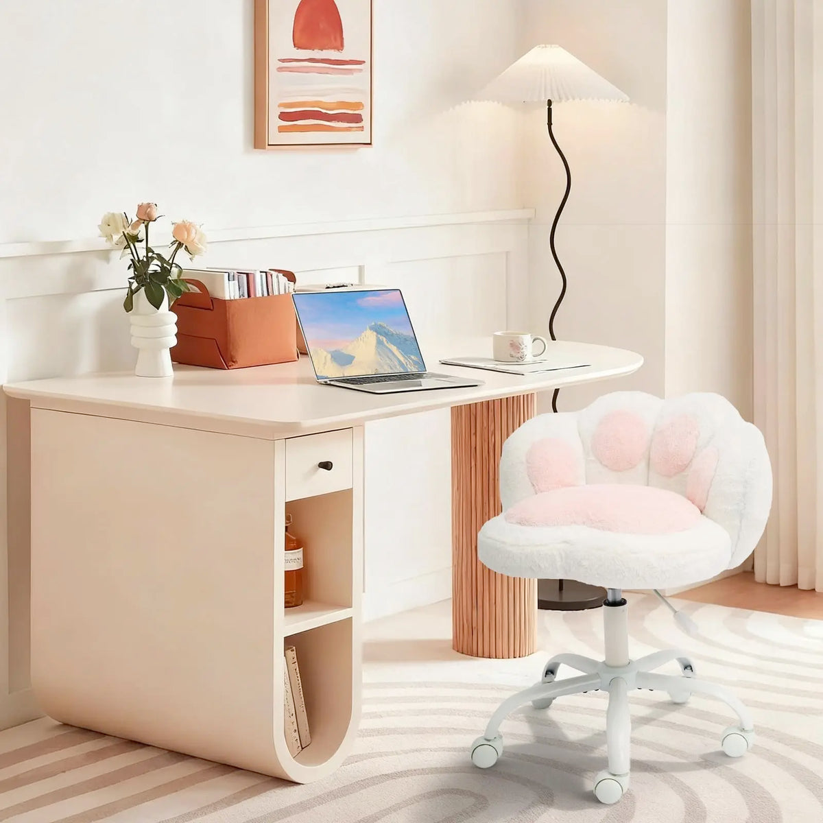 Cute Vanity Chair With Wheels, Armless Teddy Desk Chair With Paw Back, Height Adjustable Swivel Chair For Small Space Bedroom