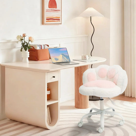 Cute Vanity Chair With Wheels, Armless Teddy Desk Chair With Paw Back, Height Adjustable Swivel Chair For Small Space Bedroom