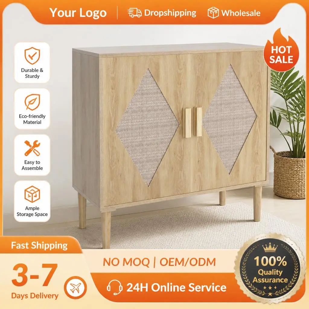 GarveeLife Boho Wooden Sideboard with Rattan Doors and Adjustable Storage