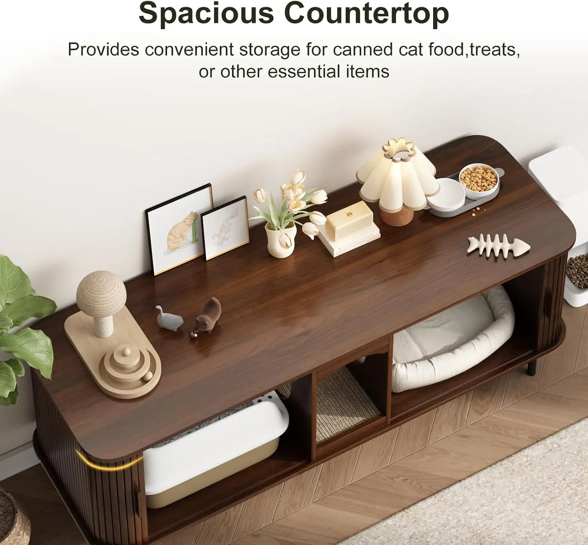 Double Cat Litter Box Enclosure Furniture, 59" Fluted Cabinet, Walnut | Large Hidden LitterBox Furniture, with Scratching Pad