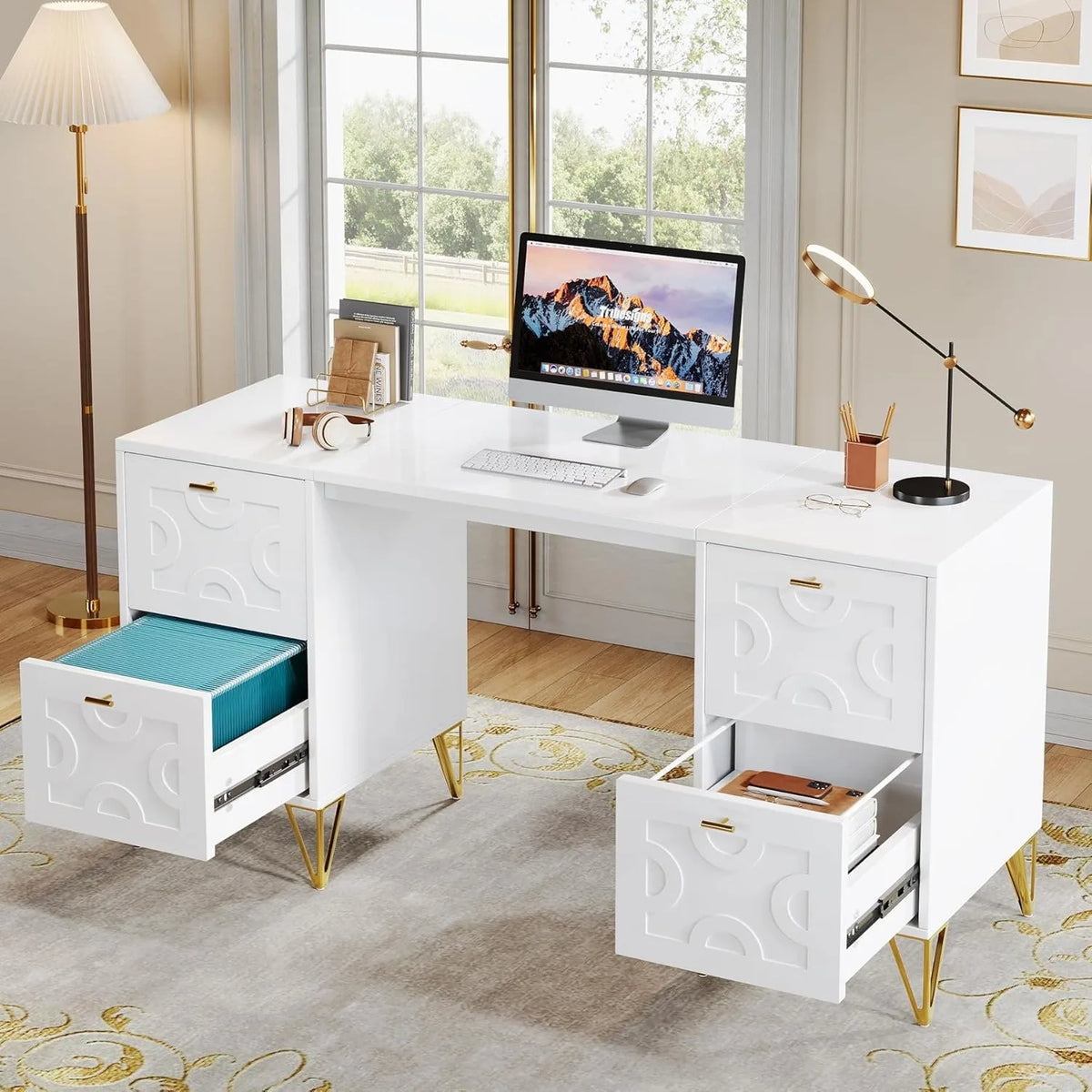 White Luxury Executive Desk 59 with Four File Drawers Modern Gold Trim Elegant Office Table for Home Study