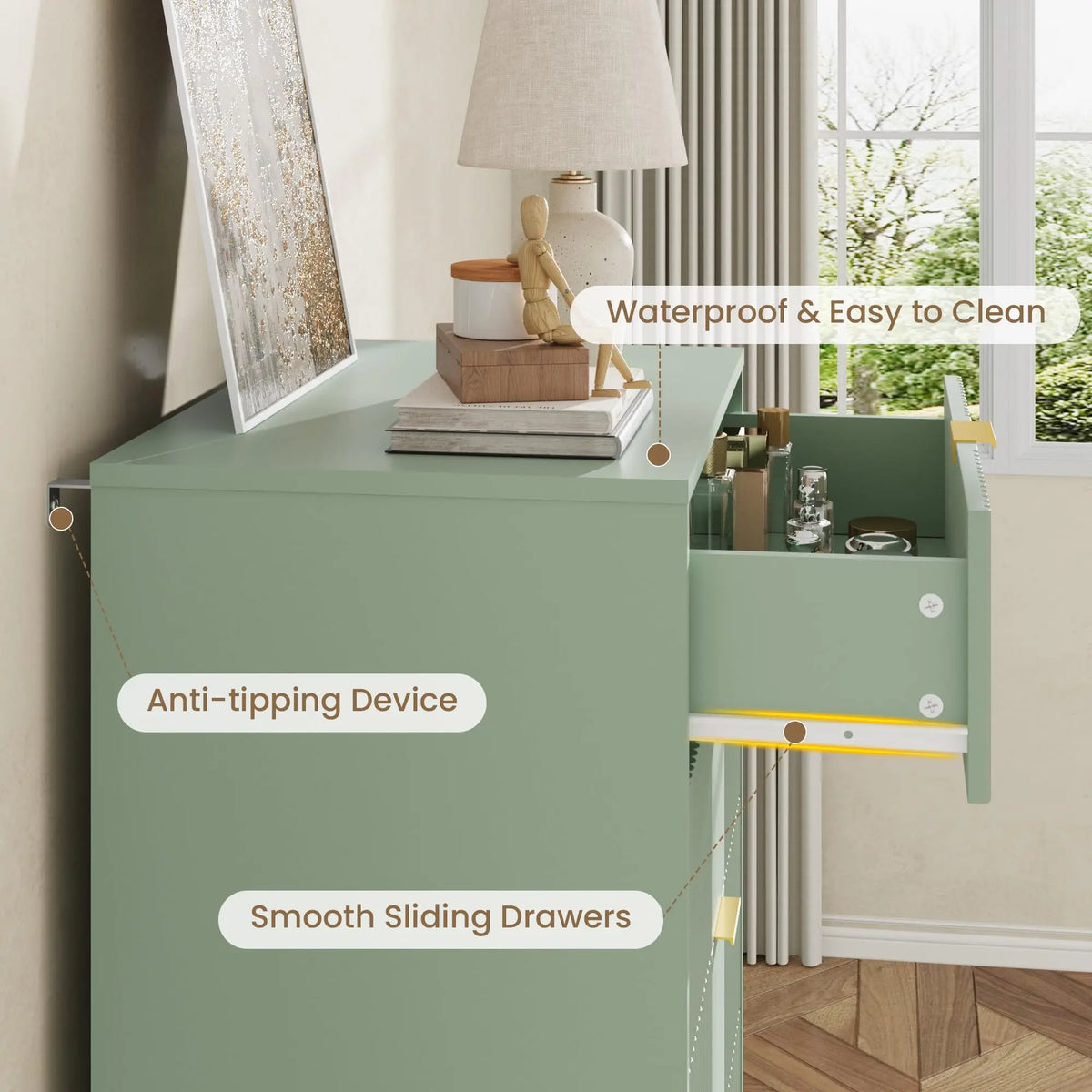 GAOMON Modern Fluted Five Drawer Dresser Chest for Bedroom Storage
