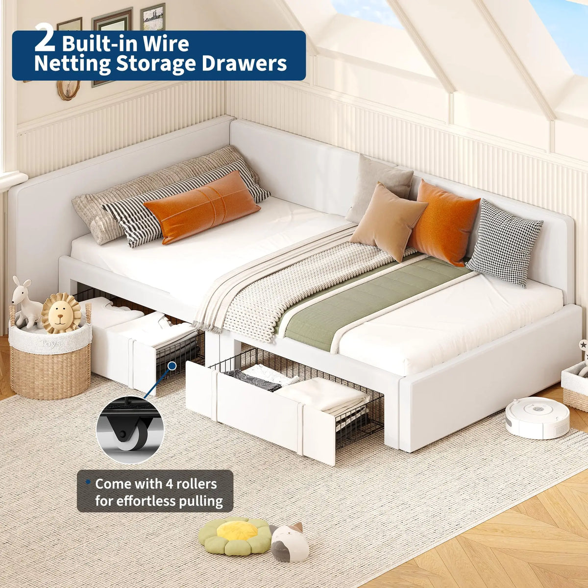 GAOMON Velvet Upholstered Corner Daybed Frame With Storage Drawers