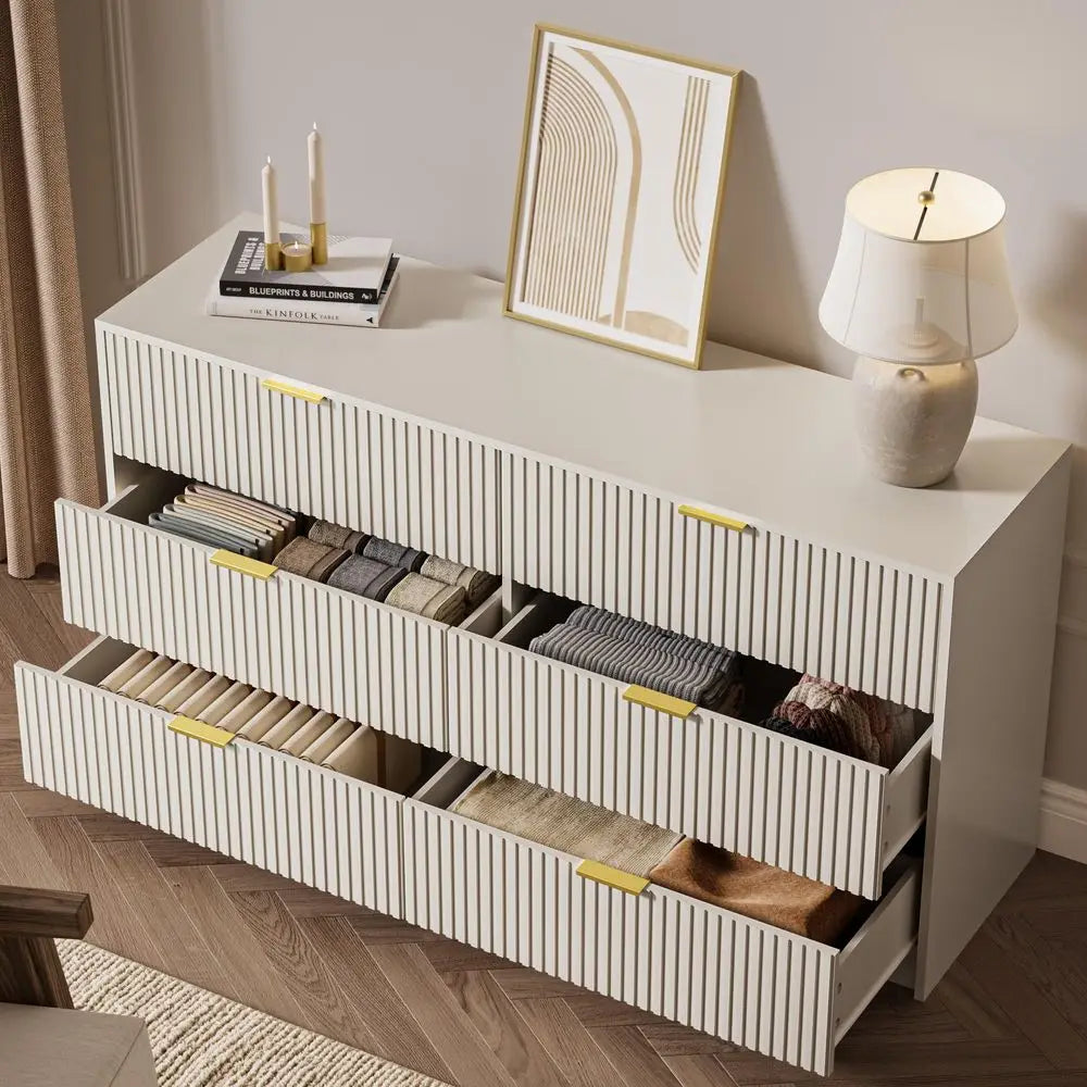 XMSJ Modern Fluted Six Drawer Dresser For Bedroom Storage