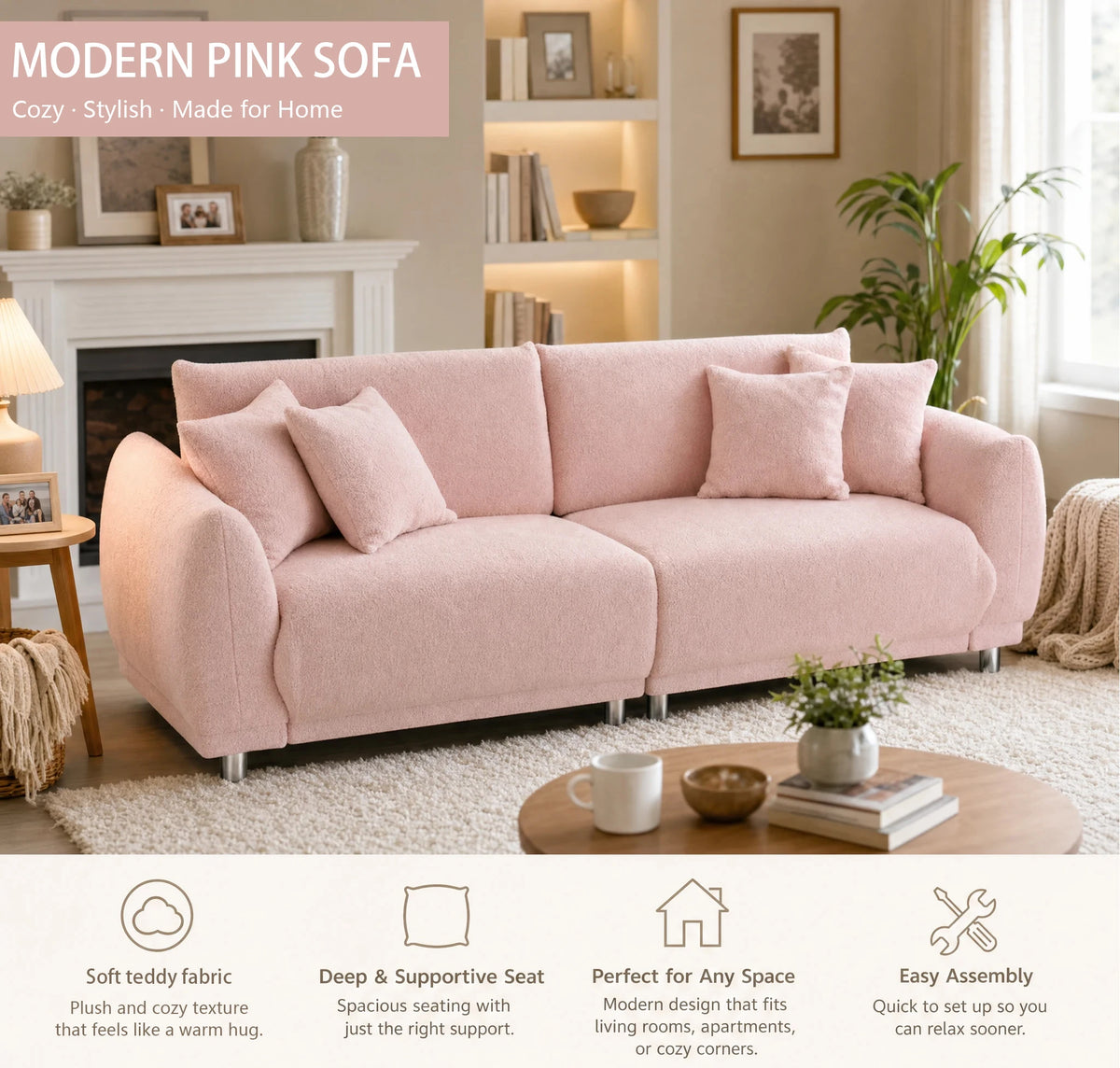 Modern Teddy Fleece Loveseat Sofa With Four Comfortable Throw Pillows