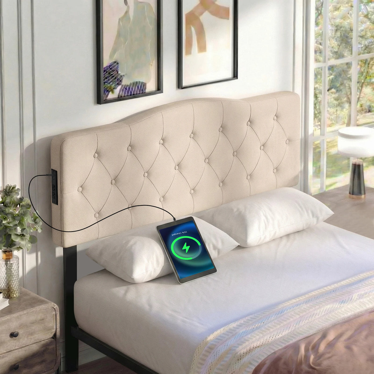 HOMASIS Tufted Upholstered Headboard With Two AC Outlets