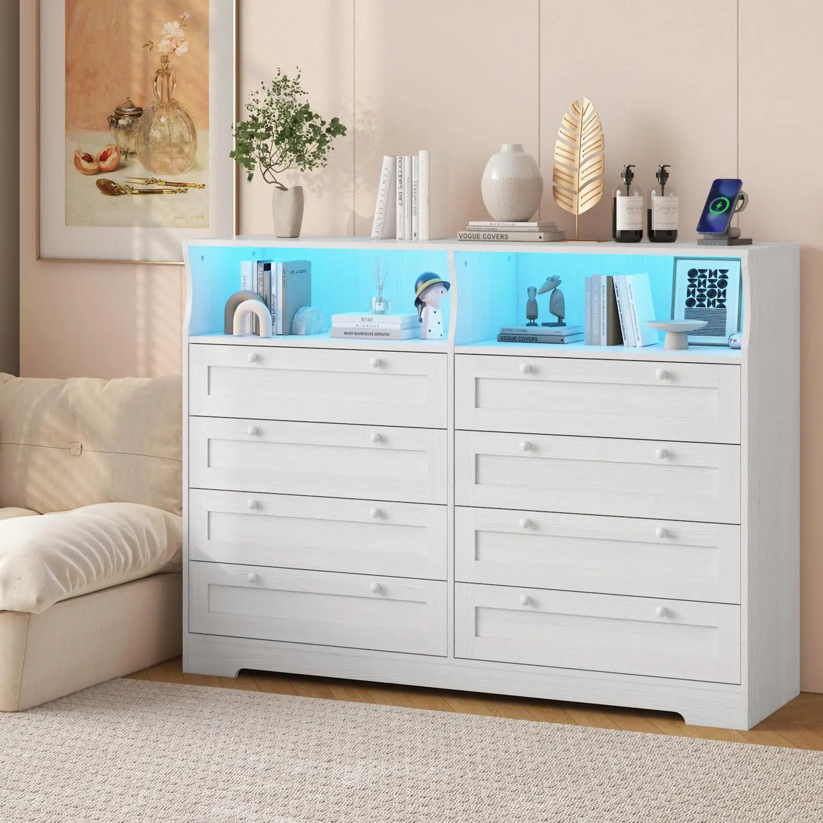 HiMISS Wood Dresser With LED Lights Charging Station And Shelves