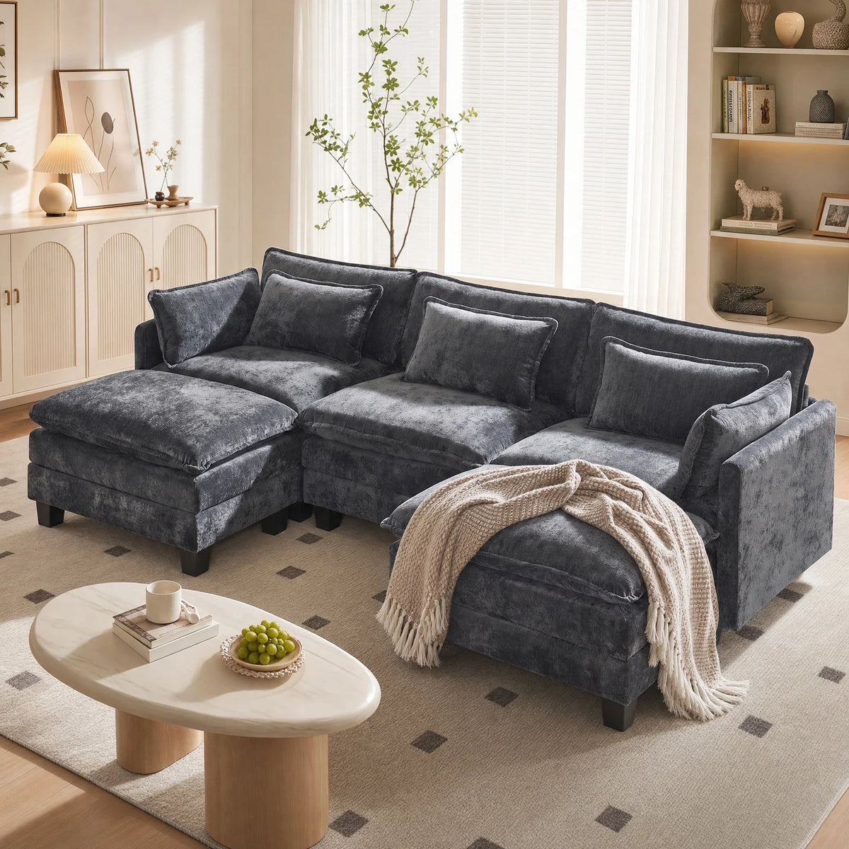 CHITOOMA U Shaped Modular Sectional Sofa with Movable Ottoman and Pillows