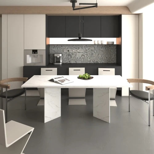 Extendable Dining Room Table for 6 8 10, Modern Faux Marble Wooden Long Large Rectangular Expanding Conference Kitchen Table