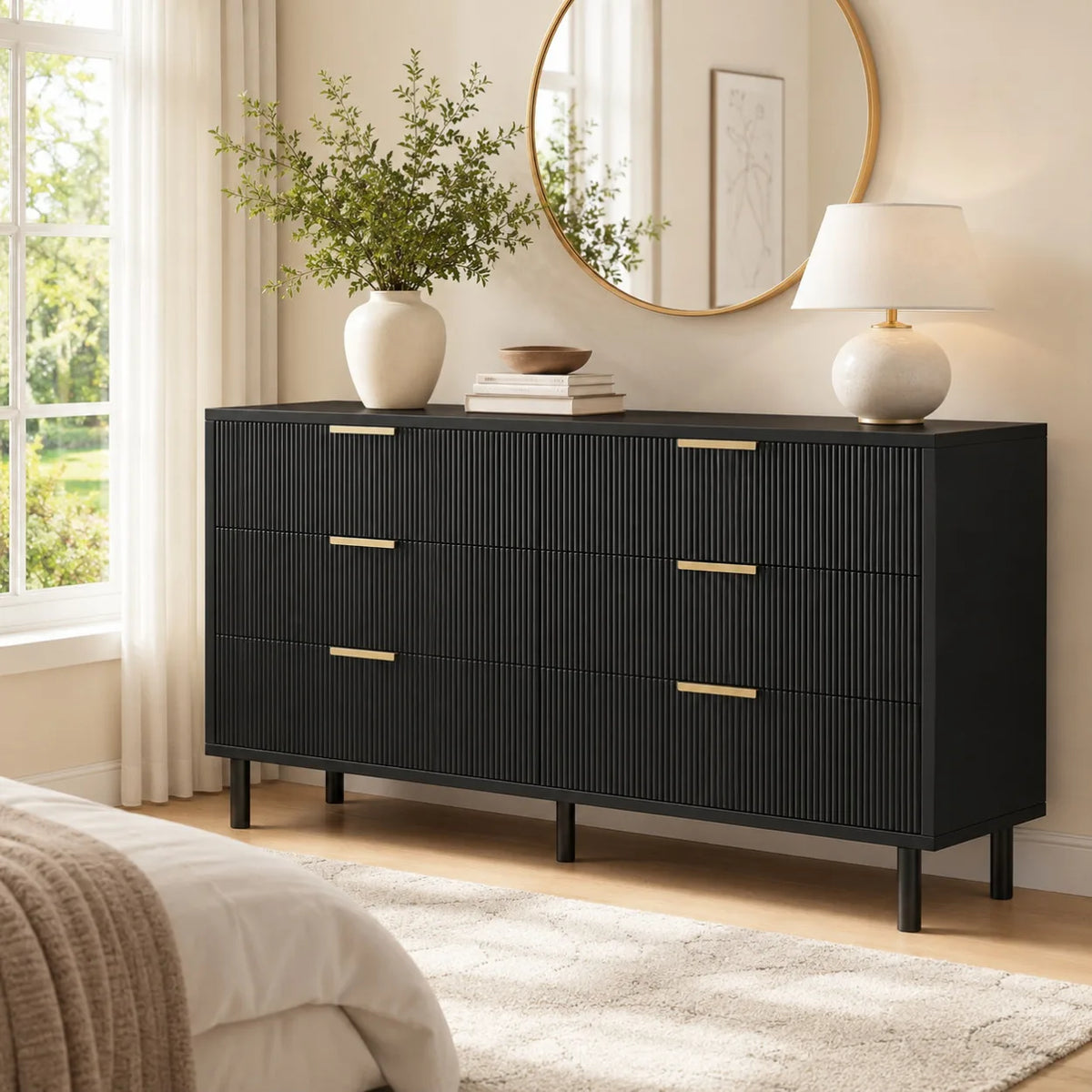 Fluted 6 Drawer Dresser with Metal Legs Wide Storage Cabinet Wood Chest of Drawers Anti Tipping Design Bedroom Living Room Hallway Organizer