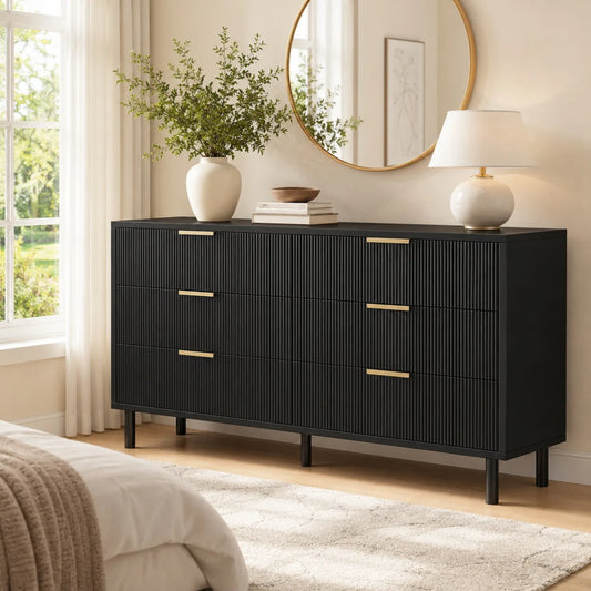 Fluted 6 Drawer Dresser with Metal Legs Wide Storage Cabinet Wood Chest of Drawers Anti Tipping Design Bedroom Living Room Hallway Organizer