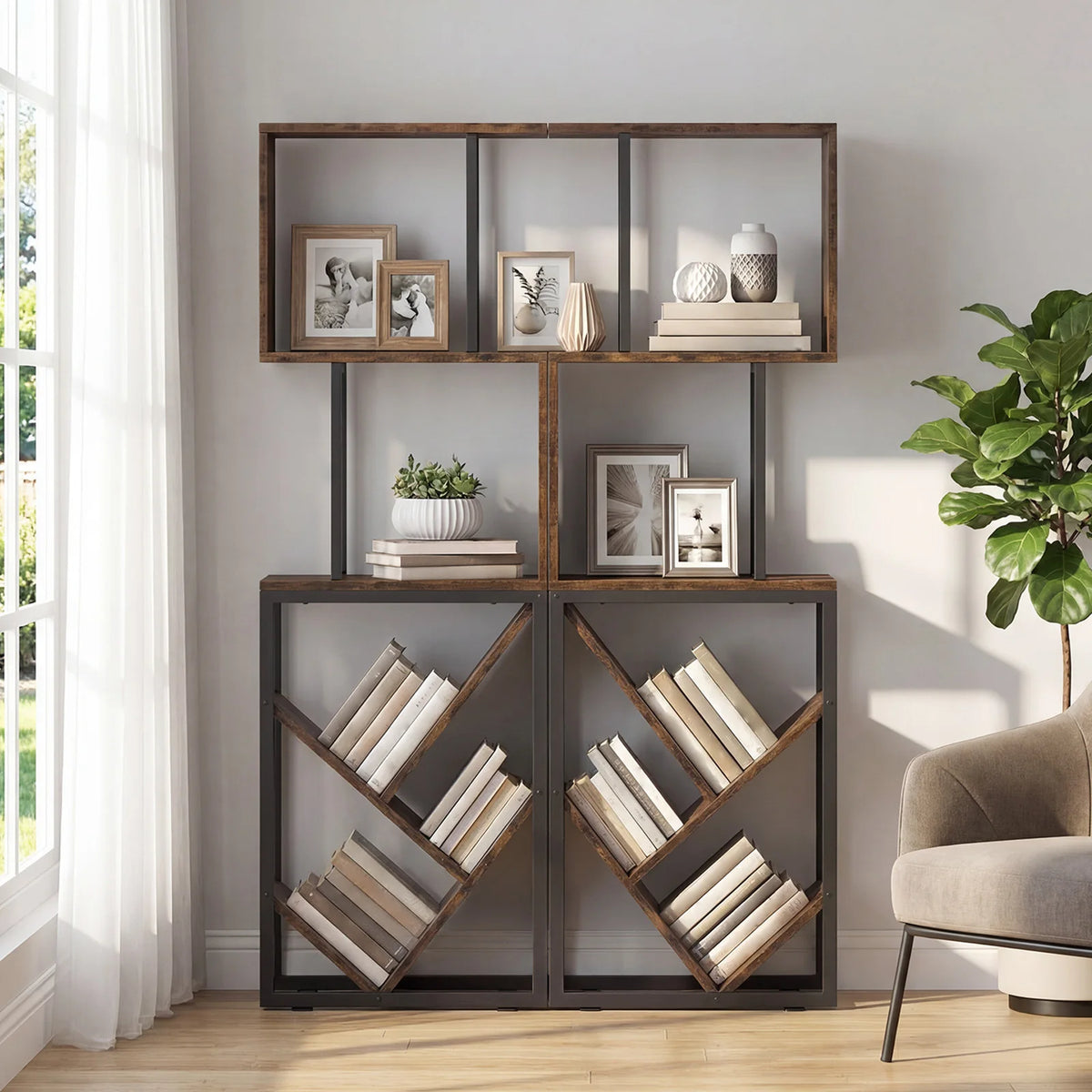 6-Tier Bookshelf, Industrial S-Shaped Geometric Bookcase w/ Open Display Shelves