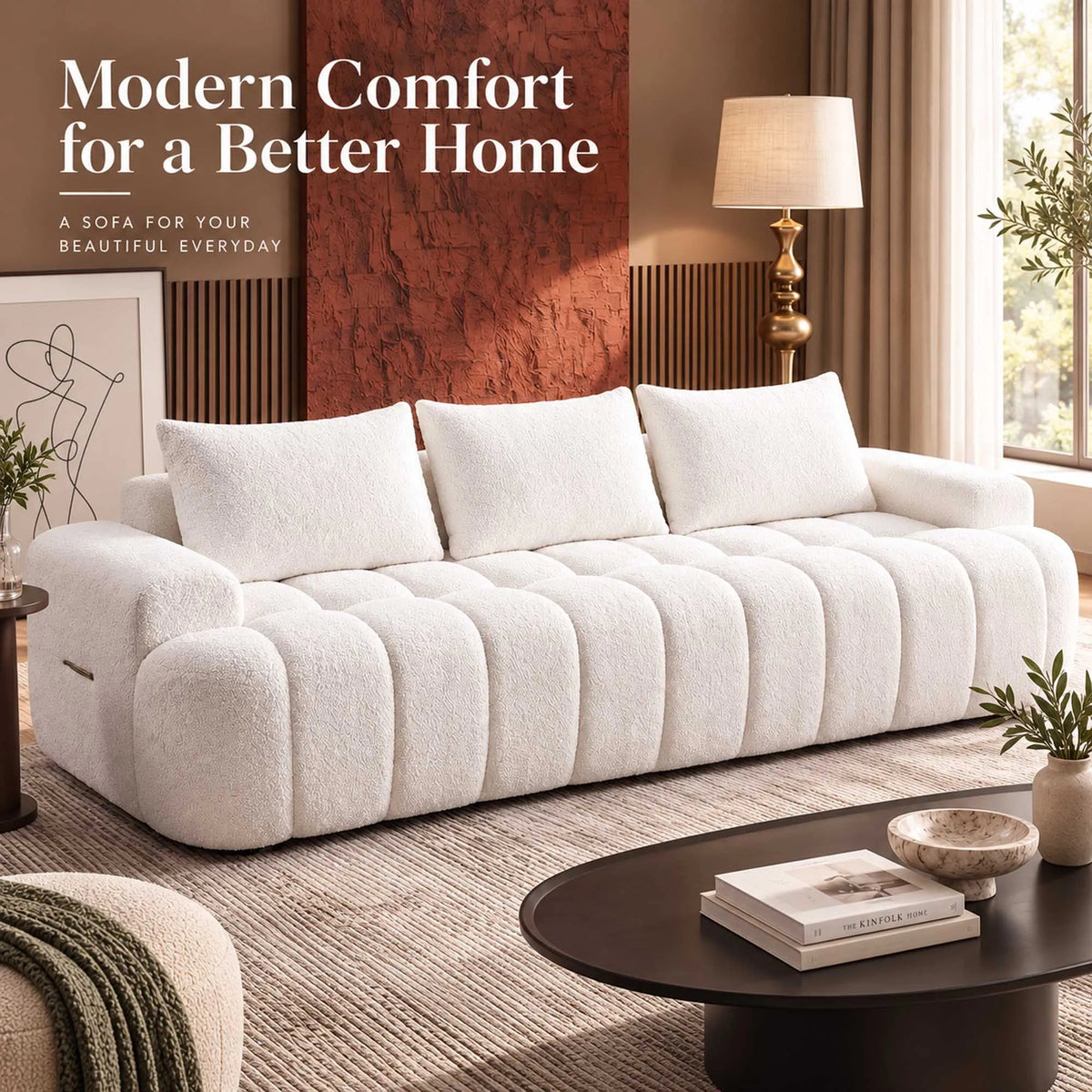 Curved Boucle Sofa Three Seat Cloud Couch With Resilient Foam