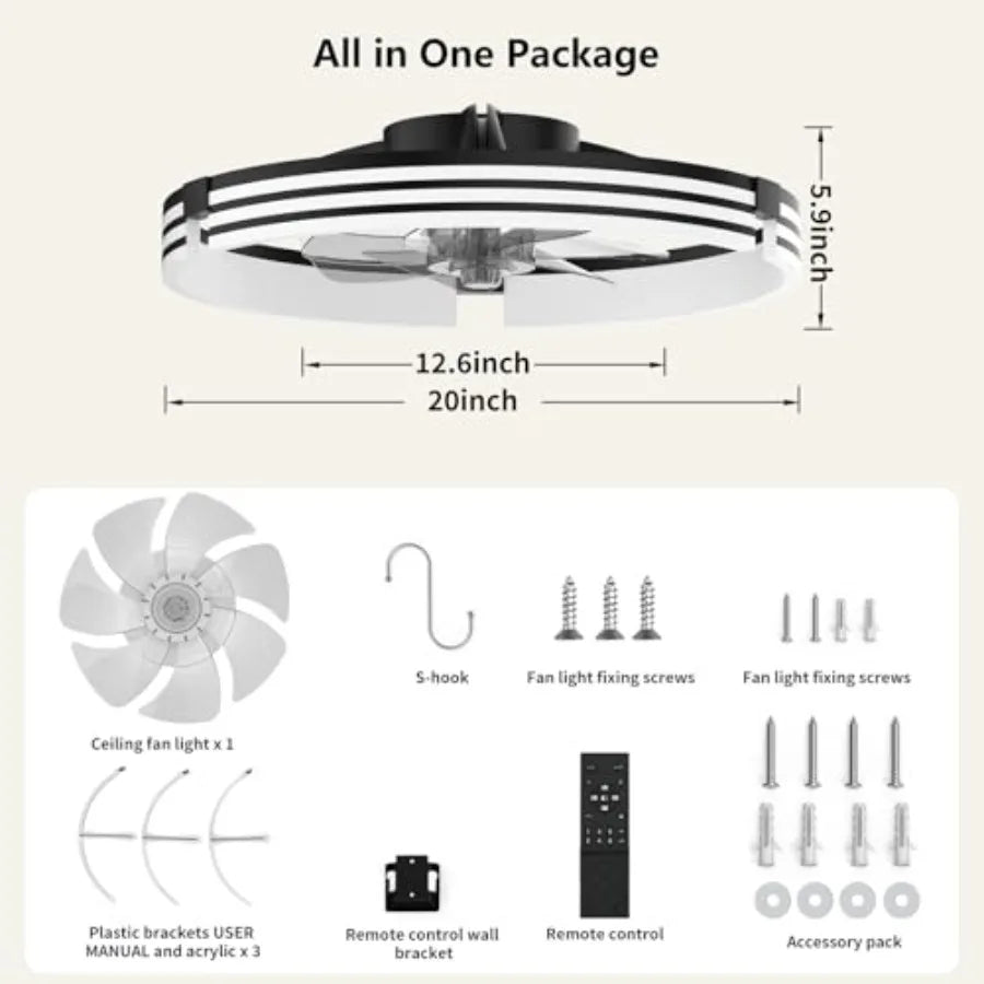 Ceilg Fans with Lights and Remote, 19.7" Low Profile Ceiling Fan, Modern Flush Mount LED Fan Light, 6 Wd Speeds Fandelier Ceilg