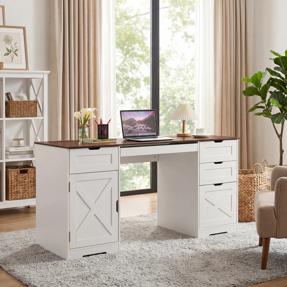 Farmhouse Executive Office Desk With Charging Station And Storage Drawers