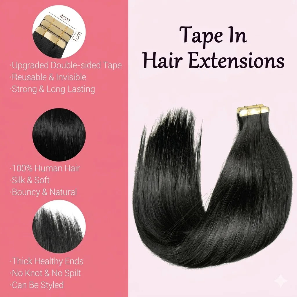 100% Human Hair Tape In Extensions 20 Inch Invisible Seamless PU Skin Weft No Weft Raw Hair Extensions Natural Black Color Adhesive Tape Ins Hair Extension For Women