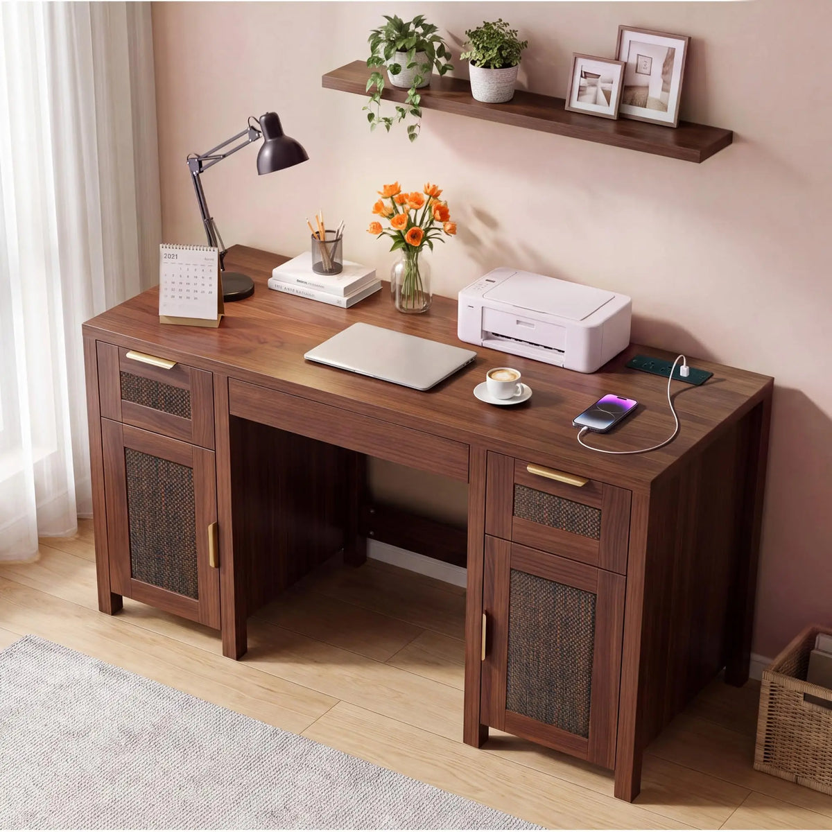 HiMISS Modern Wooden Office Desk With Drawers And Cabinet Storage