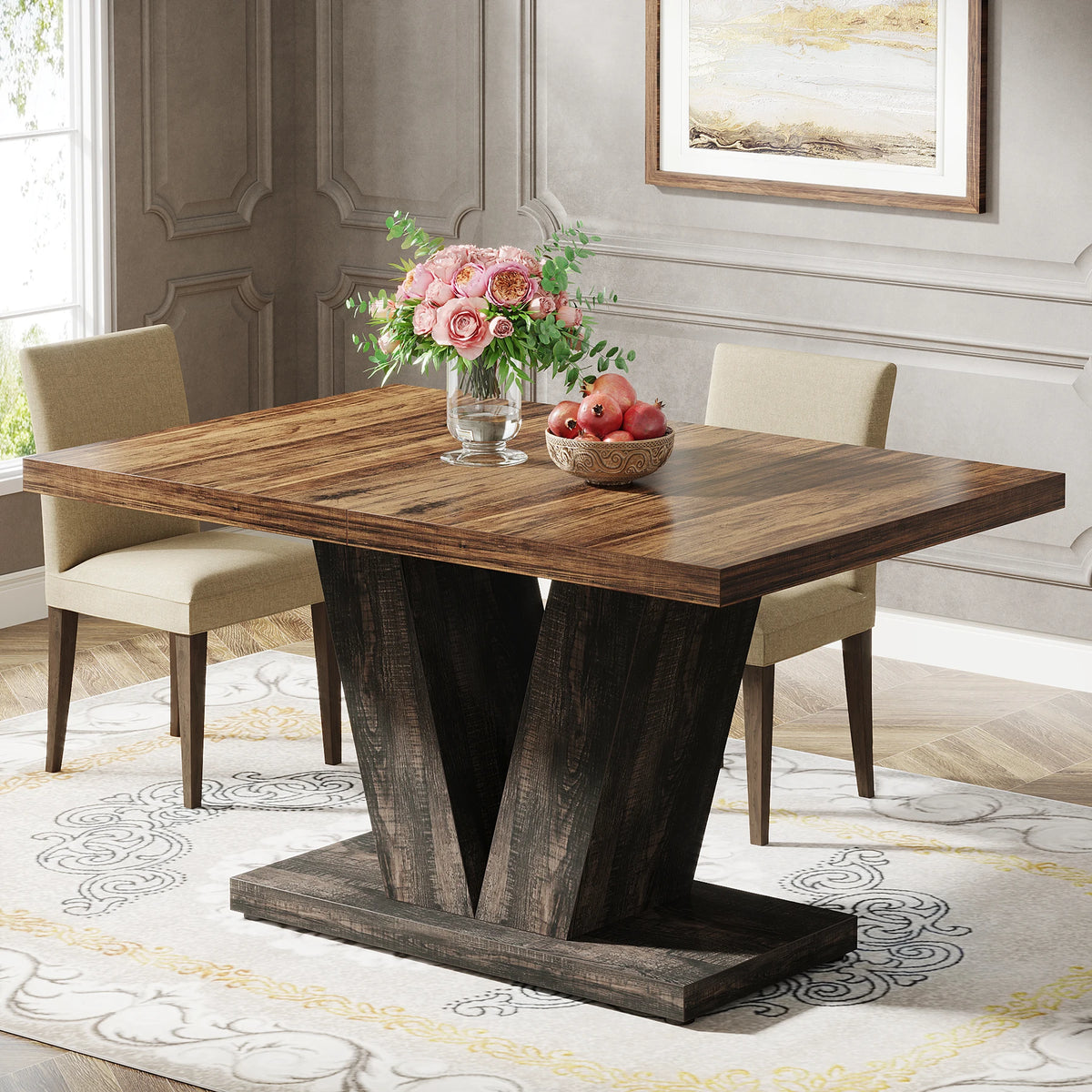 Tribesigns Farmhouse Dining Table For 4-6 With Heavy Duty Pedestal